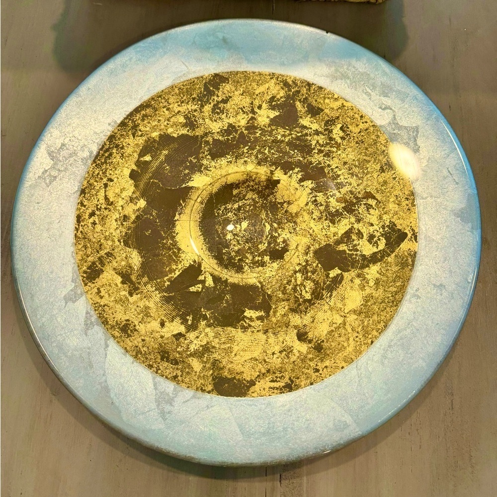 Gold and Silver Leaf Italian Hand Painted Glass Platter- size 15.5”D